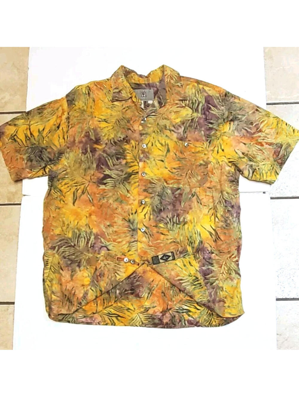 The Territory Ahead Short Sleeve Shirt Mens L Orange Batik Palm Leaf Cotton